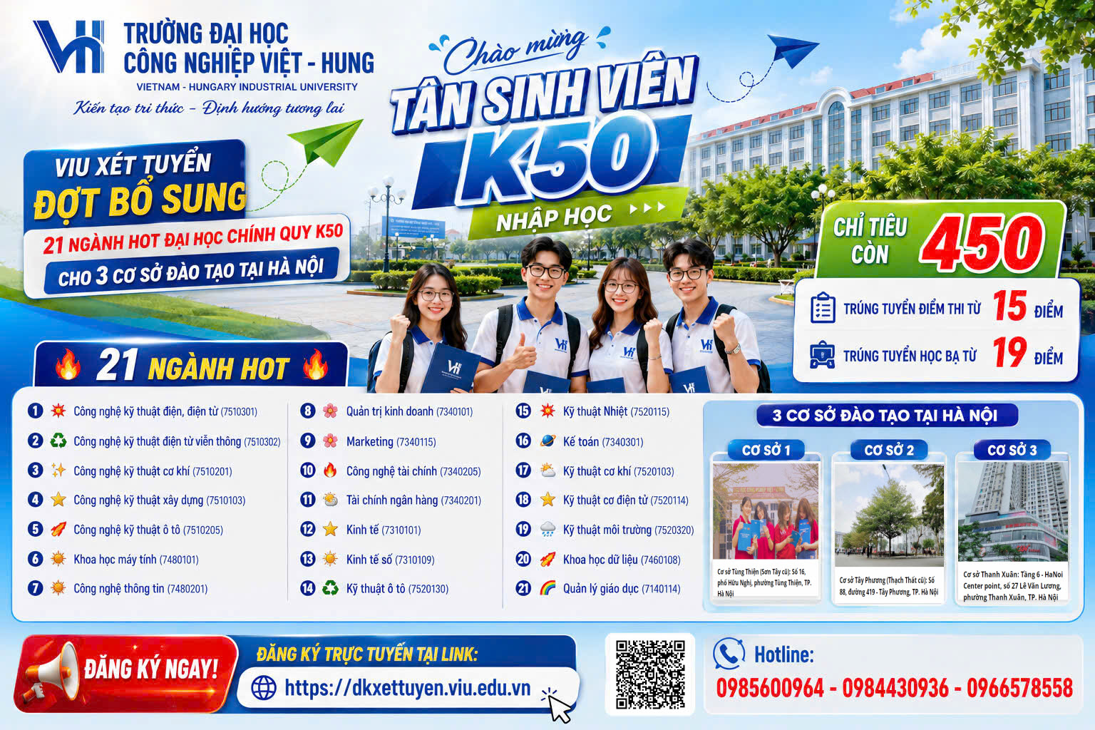 Trường ĐHCN Việt - Hung thông báo điểm trúng tuyển & danh sách thí sinh trúng tuyển đại học chính quy K50 (sau lọc ảo của Bộ GD&ĐT)
